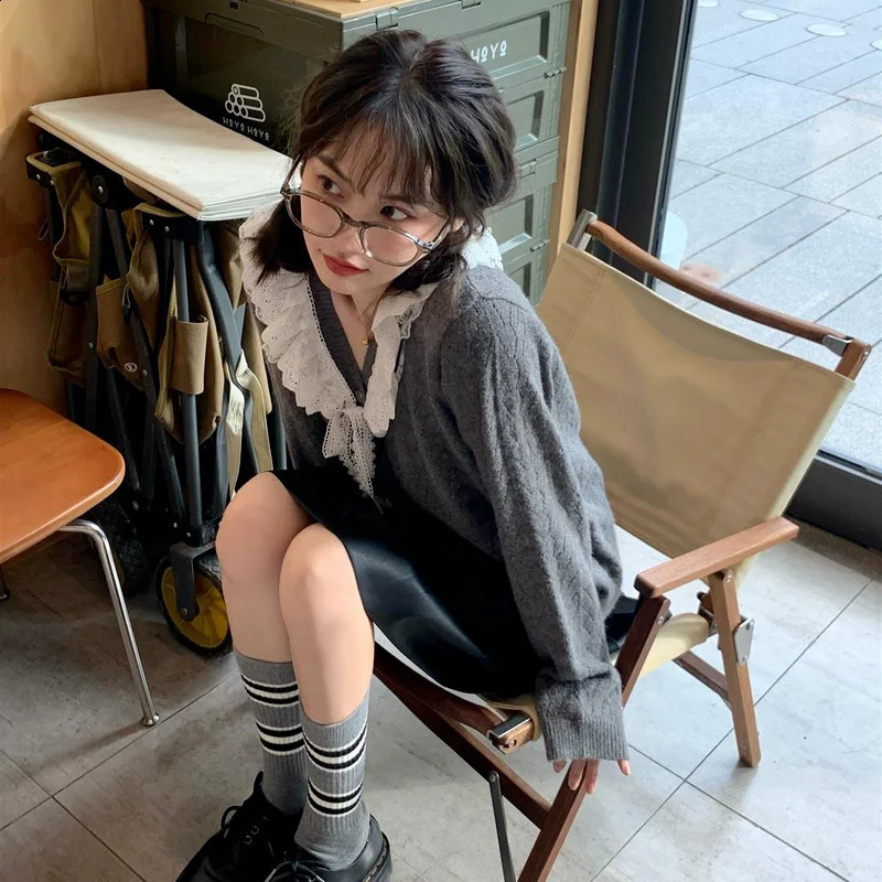 Cardigan Women All-match V-Neck Lace Patchwork Sweater Spring Fall Gray Kawaii Retro Tender Knitted Simple n Outerwear 240824