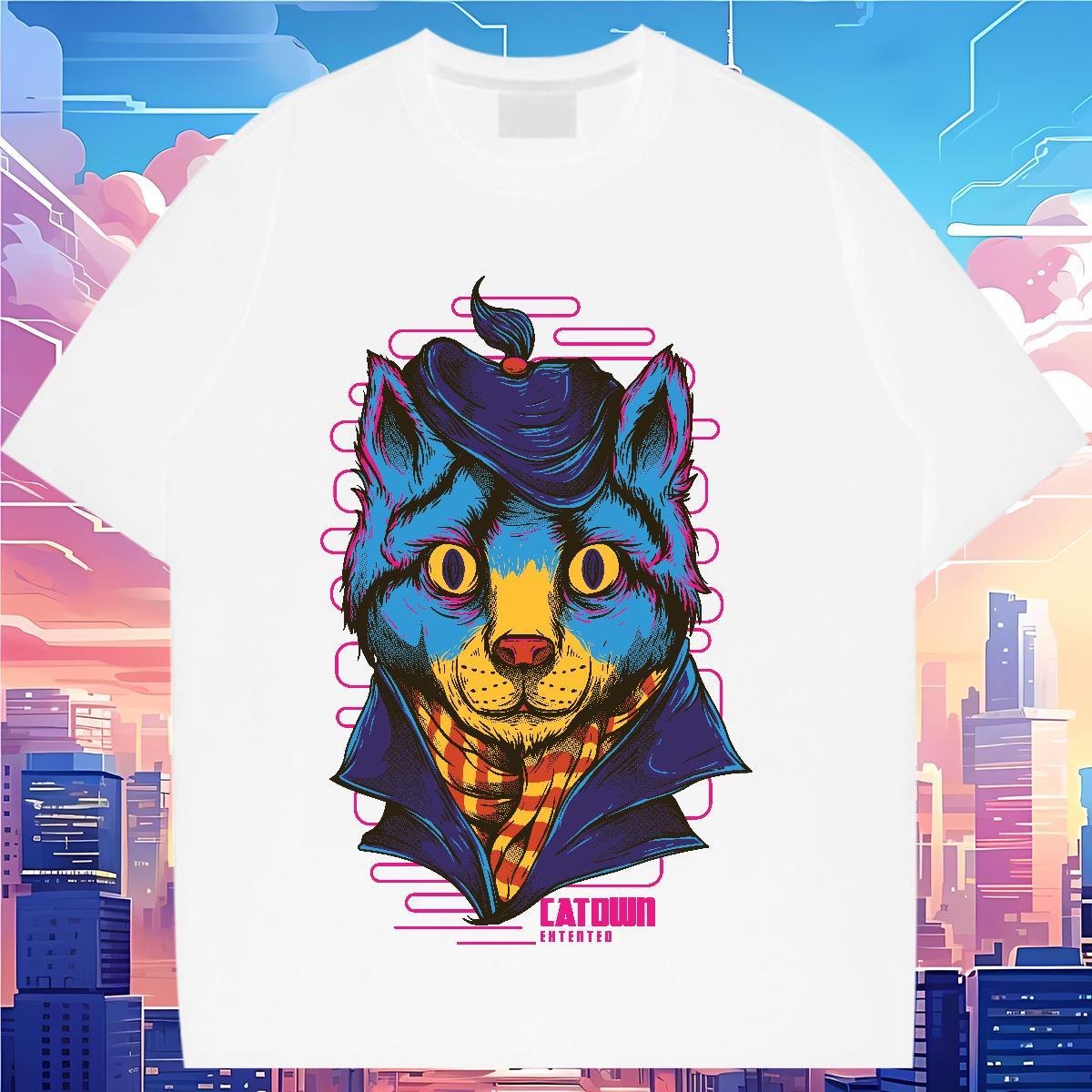 5A Couples T Shirts 100% Cotton 230g Blue cat Home Outdoor T-Shirts for Women Short sleeve Soft Custom Printing Clothings