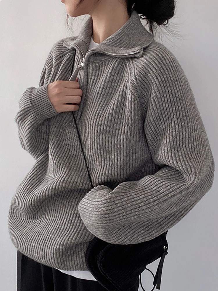 Korean Womens Sweater Loose Zippers Turtleneck Sweaters Warm Solid Pullover Knitwear Basic Female Tops Autumn Winter 240824