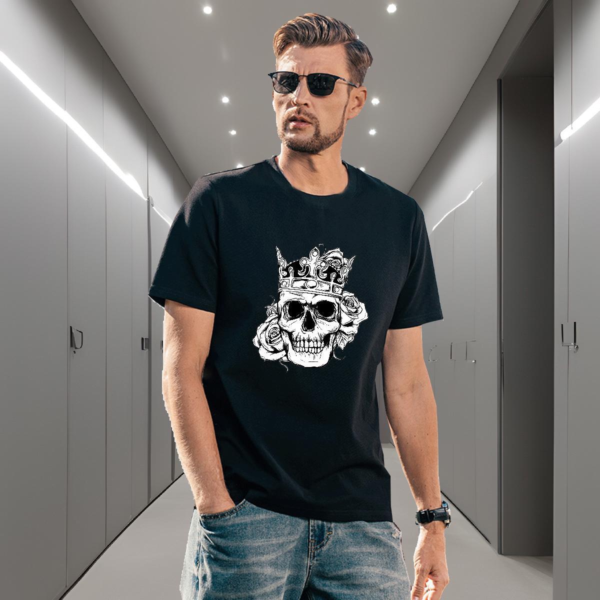TOP Quality T shirt 230g 100% Cotton skull Summer Casual Floral Print Round Neck Short Sleeve Men Tees Classic Tops Tees