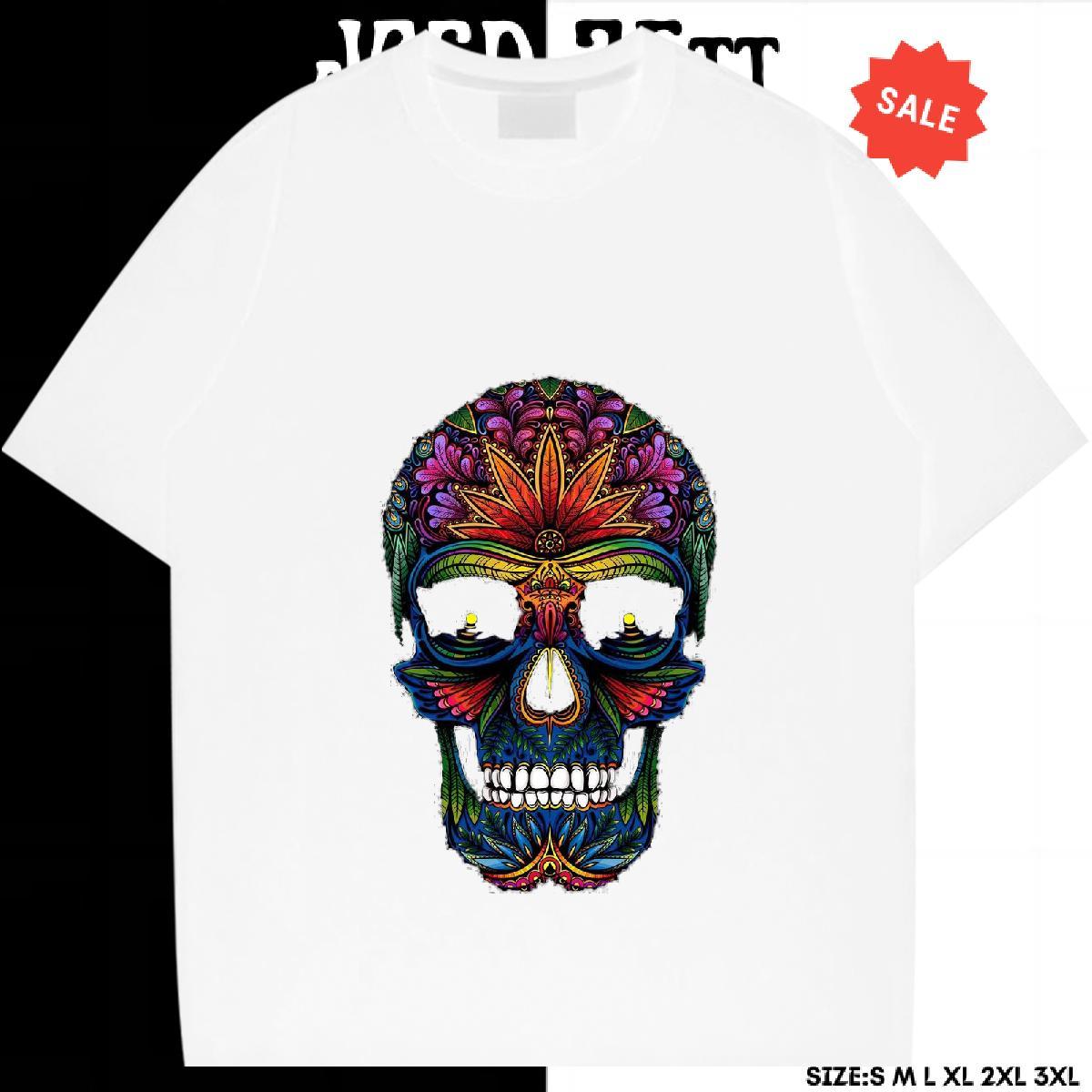 Unisex T shirt 230g Pure Cotton skull Street Casual Floral Print Breathable Men Tees 2024 DIY Wear