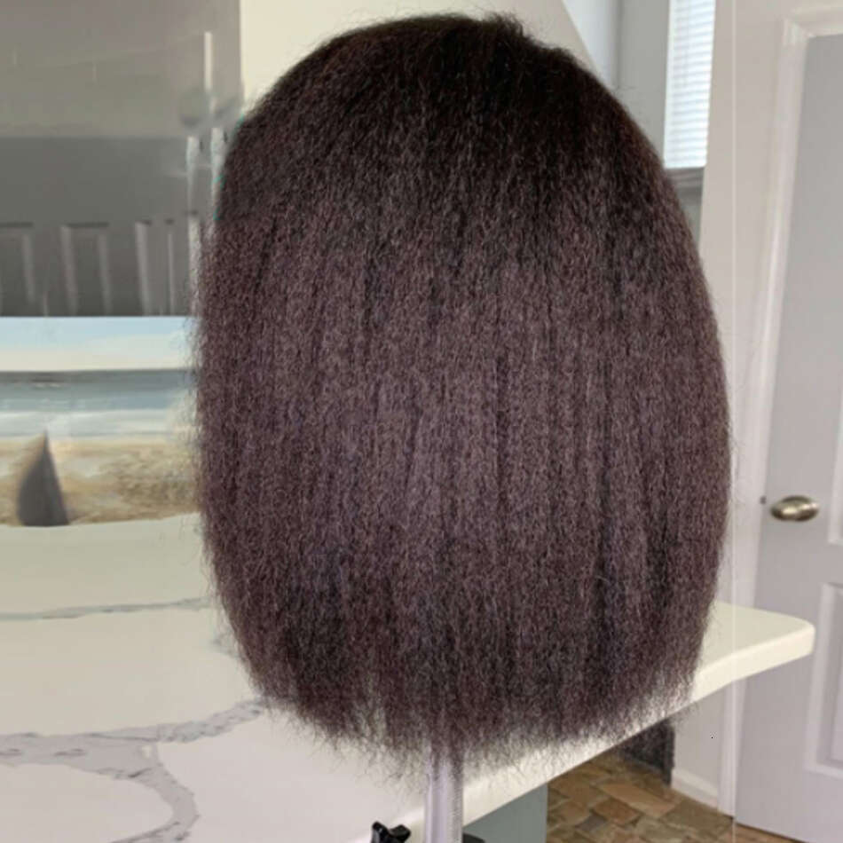 Kinky Straight Short 100% Human For Women 13X4 Front Transparent Lace Glueless Peruvain Remy Hair Soft Yaki Bob Wig