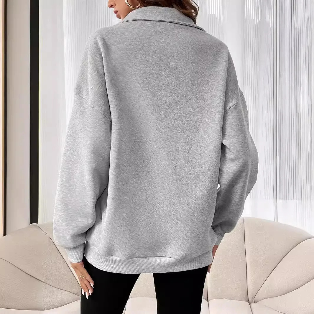 grey Autumn Winter Womens Hoodies Solid Color Loose Short Half Zip Pockets Thumb Hole Long Sleeve Pullover Sweatshirts hoody 240824