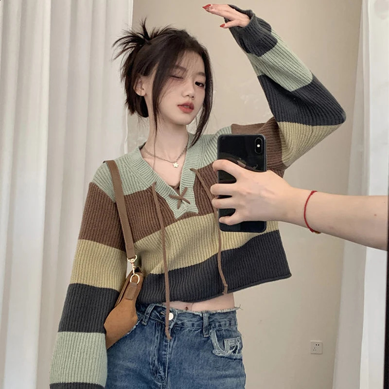 Striped Womens Sweater Autumn/Winter Tricot Knitwears Y2K Knit Sweater Long Sleeve Korean Fashion Loose Basic Tops Female 240824