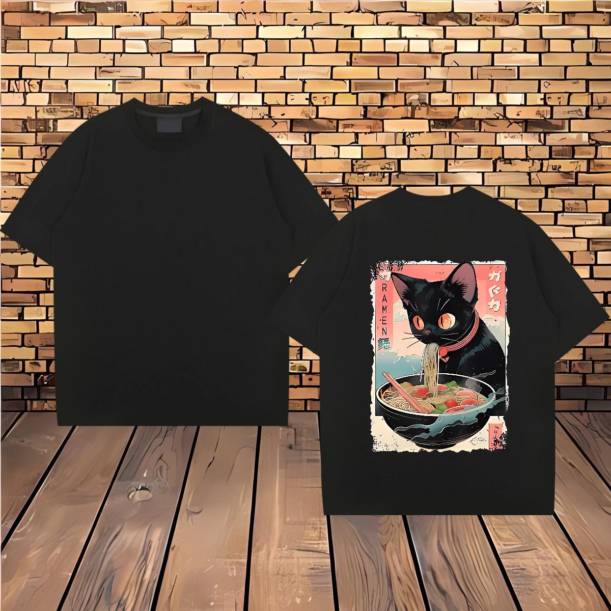 Stylist Men Clothes T-Shirt The cat eats ramen noodles Street wear Hip Hop 230g 100% Cotton Wear Crew Neck Breathable Classic Man T Shirts DIY Printed