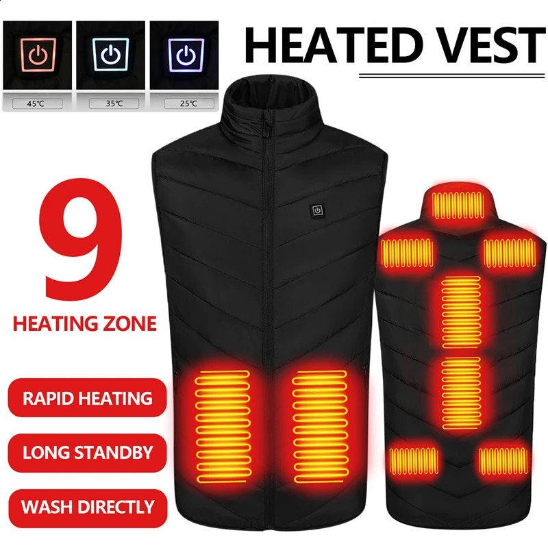 9 Places Heated Vest Men Women Usb Heated Jacket Heating Thermal Clothing Hunting Winter Fashion Heat Jacket Black 240824