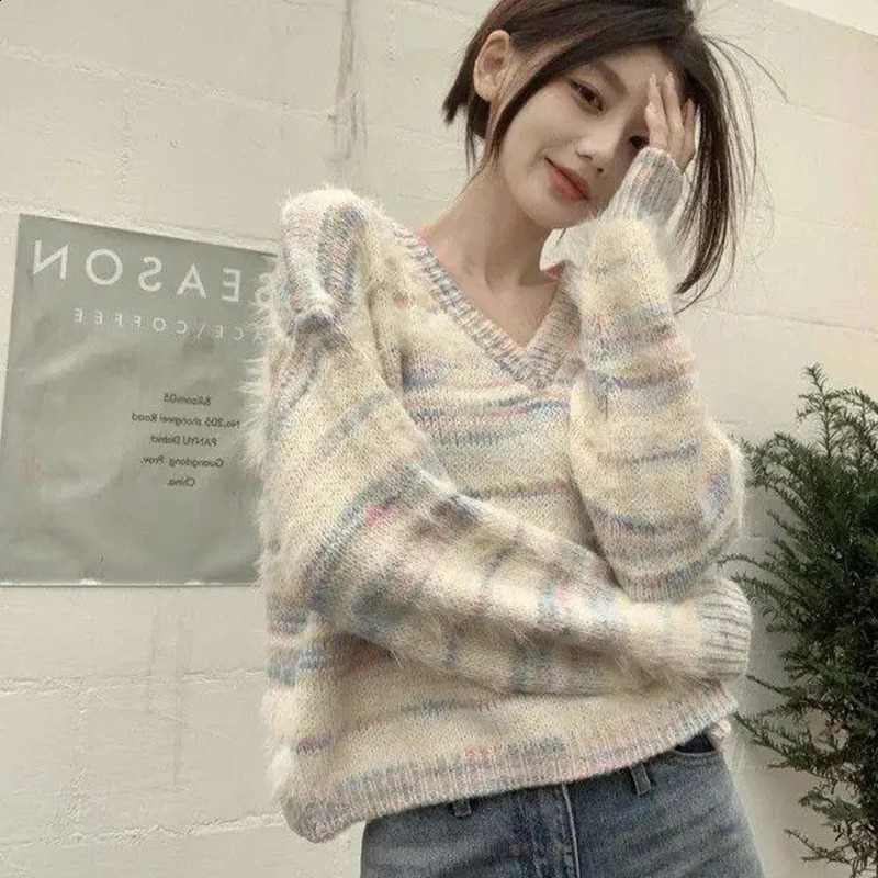 Fashion Rainbow Stripe V Neck Sweater Women Autumn Winter Loose Cropped Sweaters Woman Korean Style Long Sleeve Knitwear Female 240824