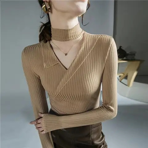 Elegant Fashion Hollow Halter Solid Color All-match Long Sleeve Tops Sexy Slim Spliced Knitted Sweaters Jumpers Womens Clothing 240824