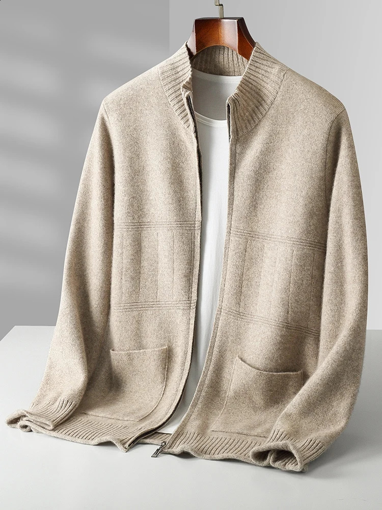 Mens Cashmere Sweater Mock Neck Zippers Cardigan Autumn Winter Thick Soft Coat 100 Merino Wool Knitwear Smart Casual Clothing 240824