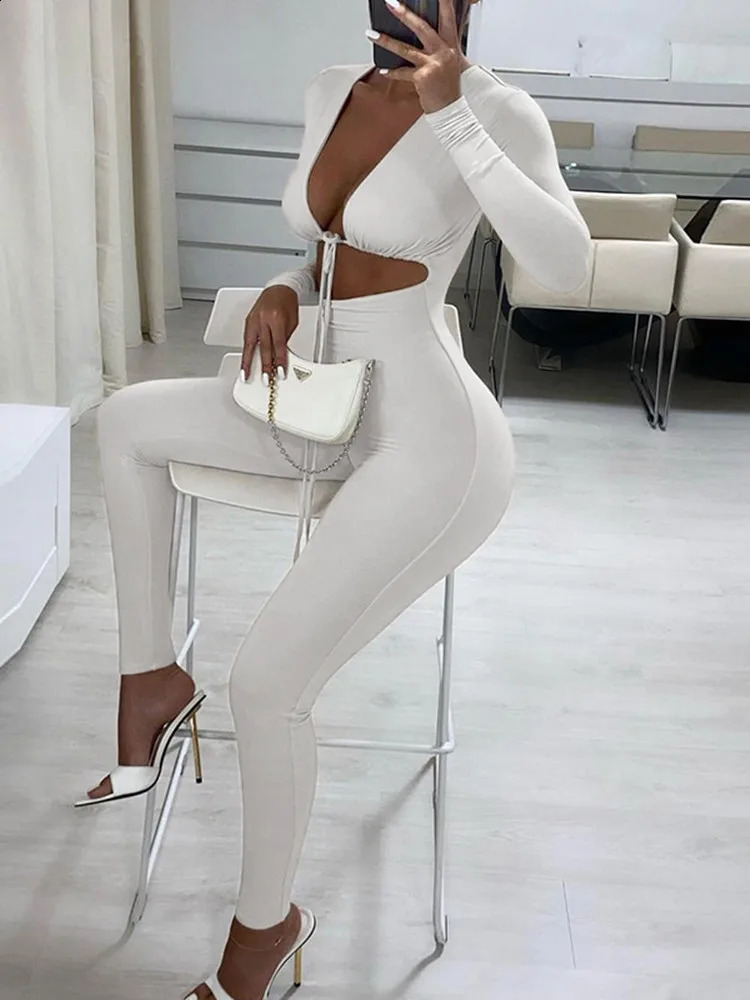 Kliou Solid Jumpsuit Drawstring Cleavage Waist Out Overall Sexy BodyShaping Hipster Midnight Club Female Clothing 240823