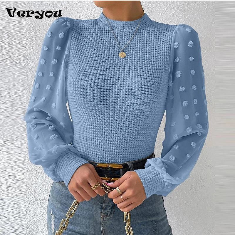 Women Solid Color Jacquard Shirts Mesh Patchwork n See Through O-Neck Puff Long Sleeve Autumn Slim Pullovers Knitted Top 240824