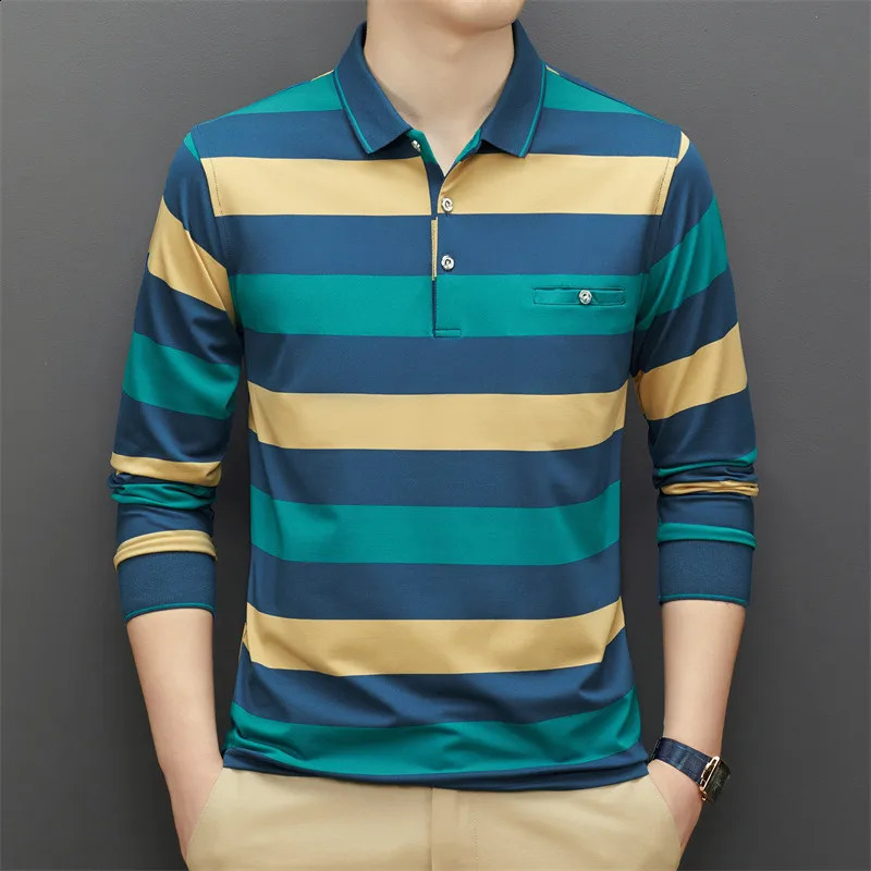 95% Cotton Polo Shirt for Men Long Sleeve Striped Autumn and Spring Male Polo Shirt Korean Style Clothing Casual Tops Shirts 240824