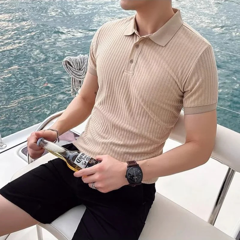Mens Short Sleeve Slim Ice Silk Thin Style Summer Solid Color Korean Version Casual Lapel Spliced Button Polo Shirt 240824