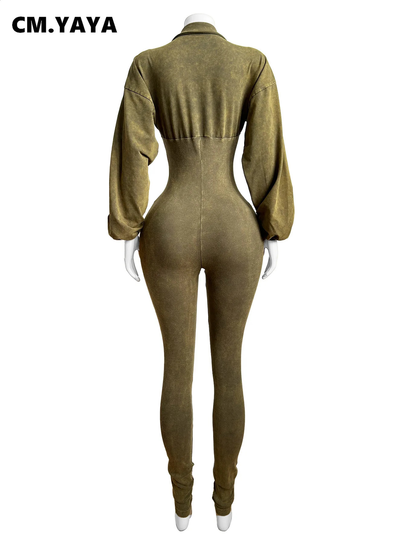 CMYAYA Fashion Women Knit Ribbed Long Sleeve Moto Biker Jumpsuits 2024 Autumn Washed Street Playsuit Suit Romper 240823