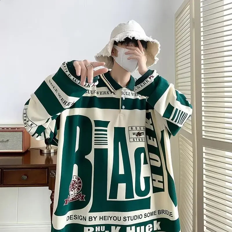 American Style Color Blocking Niche Street Letter Print Polo Shirt Long Sleeve T-shirt Men Oversize Pullover Sweatshirt Fit 240824