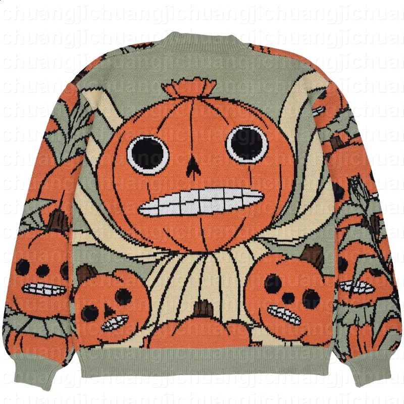 Harajuku V Neck Knitwear Halloween Fun Little Pumpkin Pattern Men Clothing Pullovers Sweaters Creative Stripe Knitted 240824