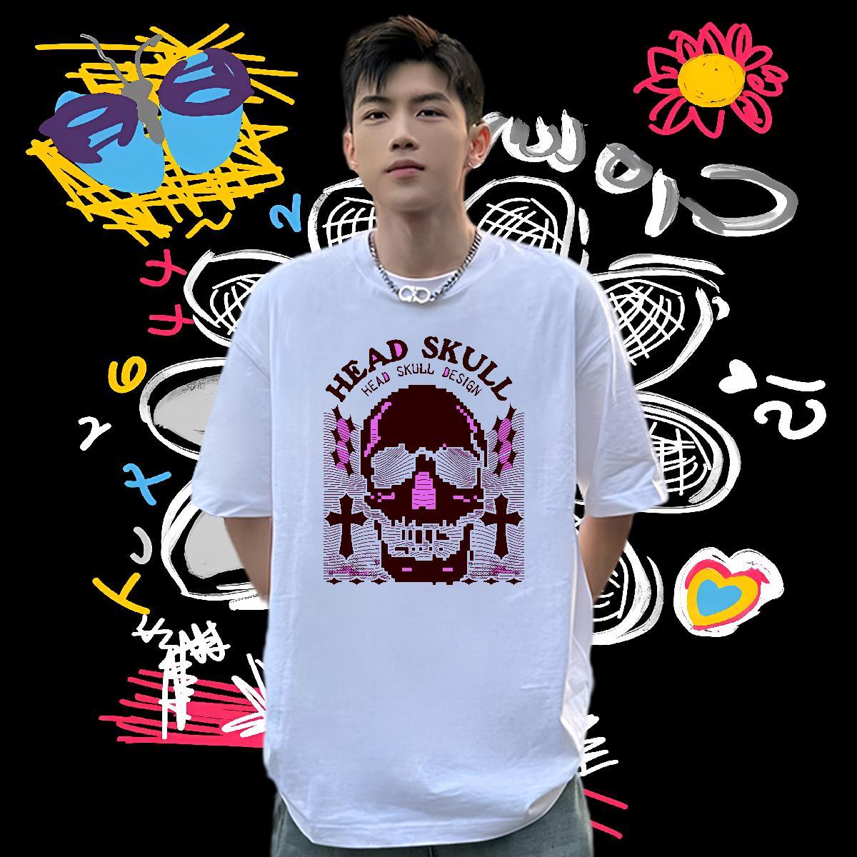 Unisex T-Shirts for Men 230g Cotton skull Anime Printing Street DIY Printed Short Sleeve Soft Men Clothes T-Shirt 2024 Summer Tops