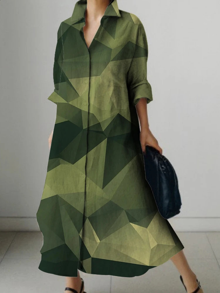 Long Sleeve Lapel Shirt Dress Long Skirt Geometric Print n Womens Loose Dress For Spring And Summer Breathable Comfort 240824