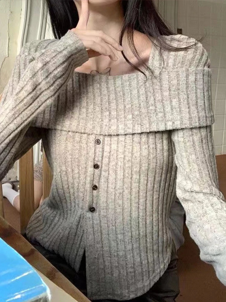 Off Shoulder Knit Pullover Women Chic Casual Slim Gentle Tops Female Spring Square Neck Solid Long Sleeves Knitwears Lady 240824