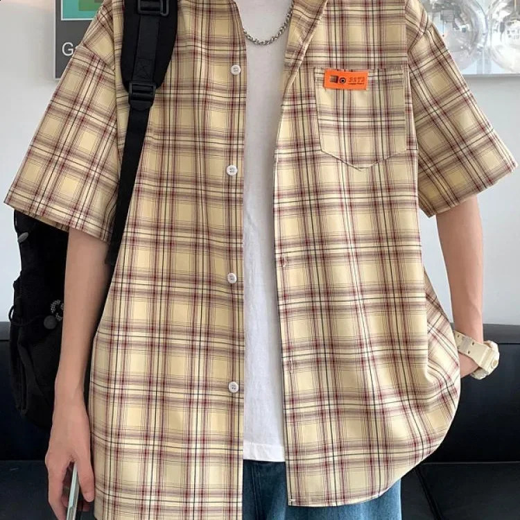 Japanese Plaid Short Sleeve Mens Shirt Yellow Vintage Slim Fit Smooths Your Silhouette Elegant Thin Style Half Sleeve Tops 240824