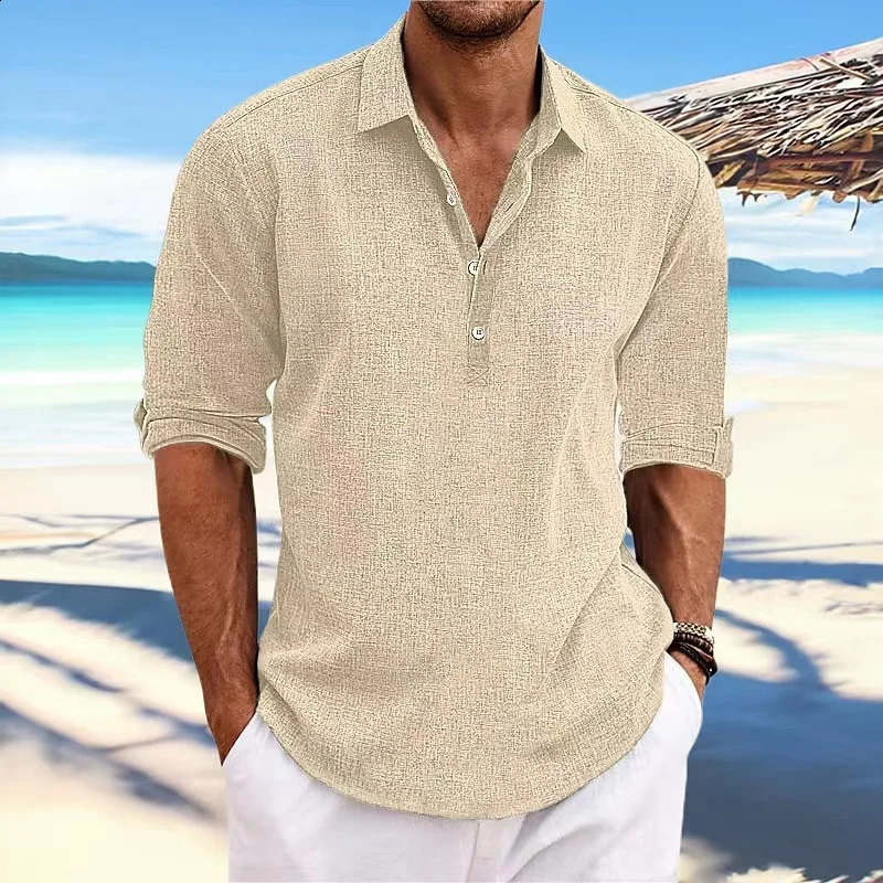 Men Solid Long Sleeve Linen Polo Shirts Spring Summer Casual Turn-down Collar Buttoned Pullover Tops Loose Tees Shirt For Men 240824