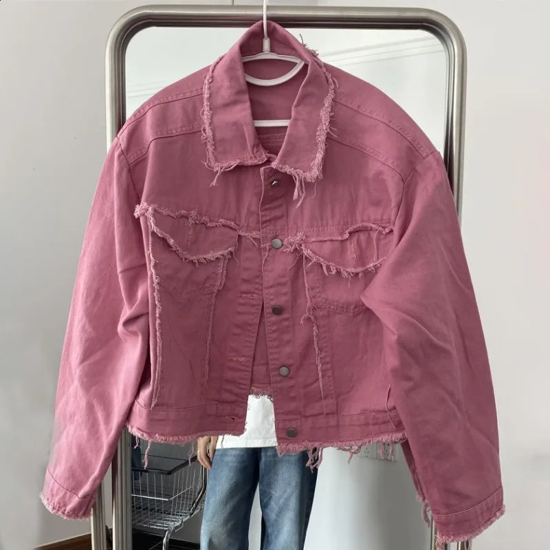 Niche Wear Retro Denim Jacket Street Work Clothes Mens Jeans Loose Short Casual Pink Trendy 240824