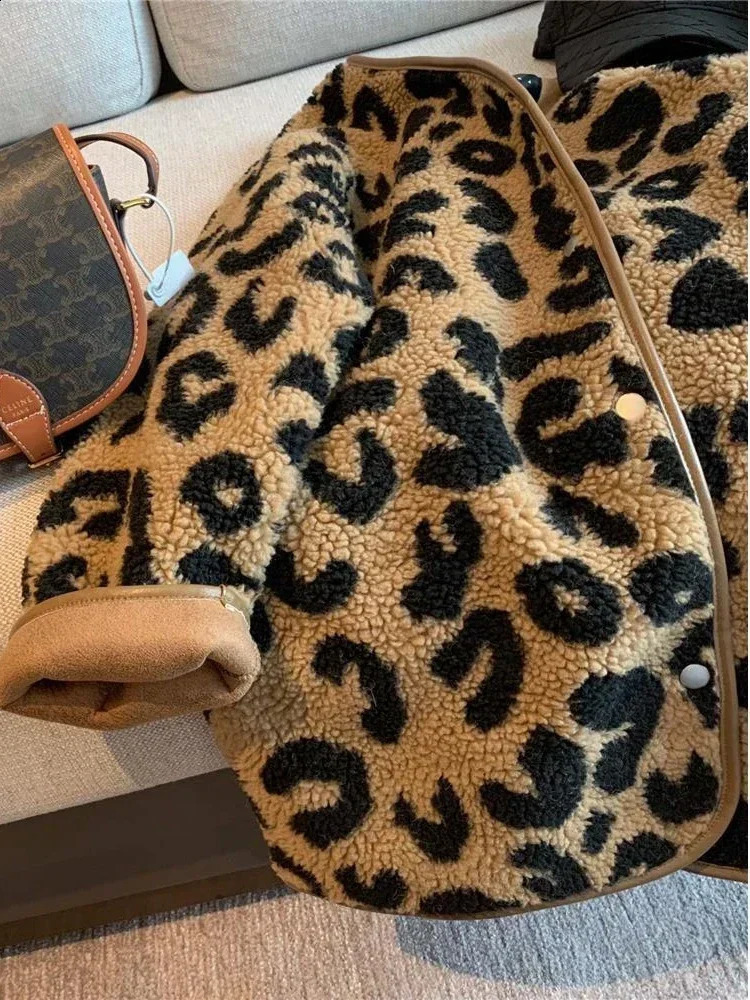 womens casual jacket single chest faux fur leopard print long sleeved winter clothing outerwear streetwear 240824