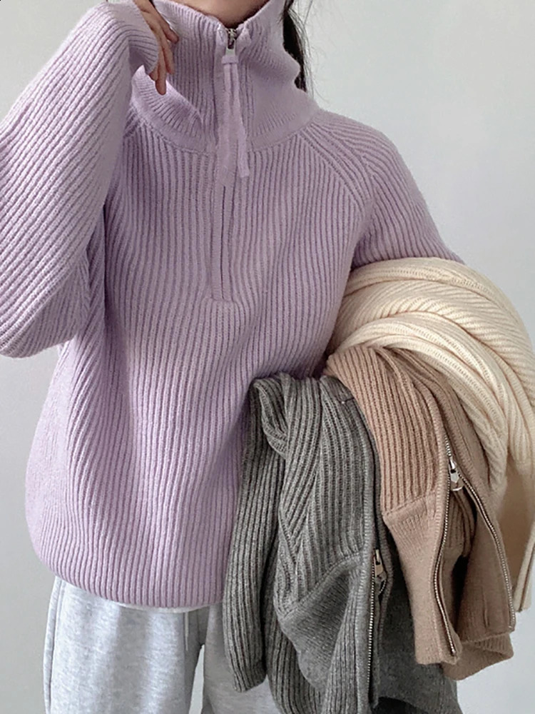 Korean Womens Sweater Loose Zippers Turtleneck Sweaters Warm Solid Pullover Knitwear Basic Female Tops Autumn Winter 240824
