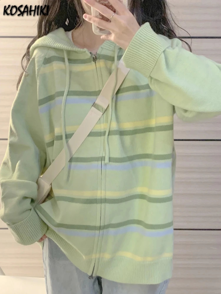 Y2k Aesthetic Stripe Hoodes Cardigans Double Zipper Women Casual Knitwear Harajuku Ladies Jacket Vintage Loose Grunge Sweater 240824