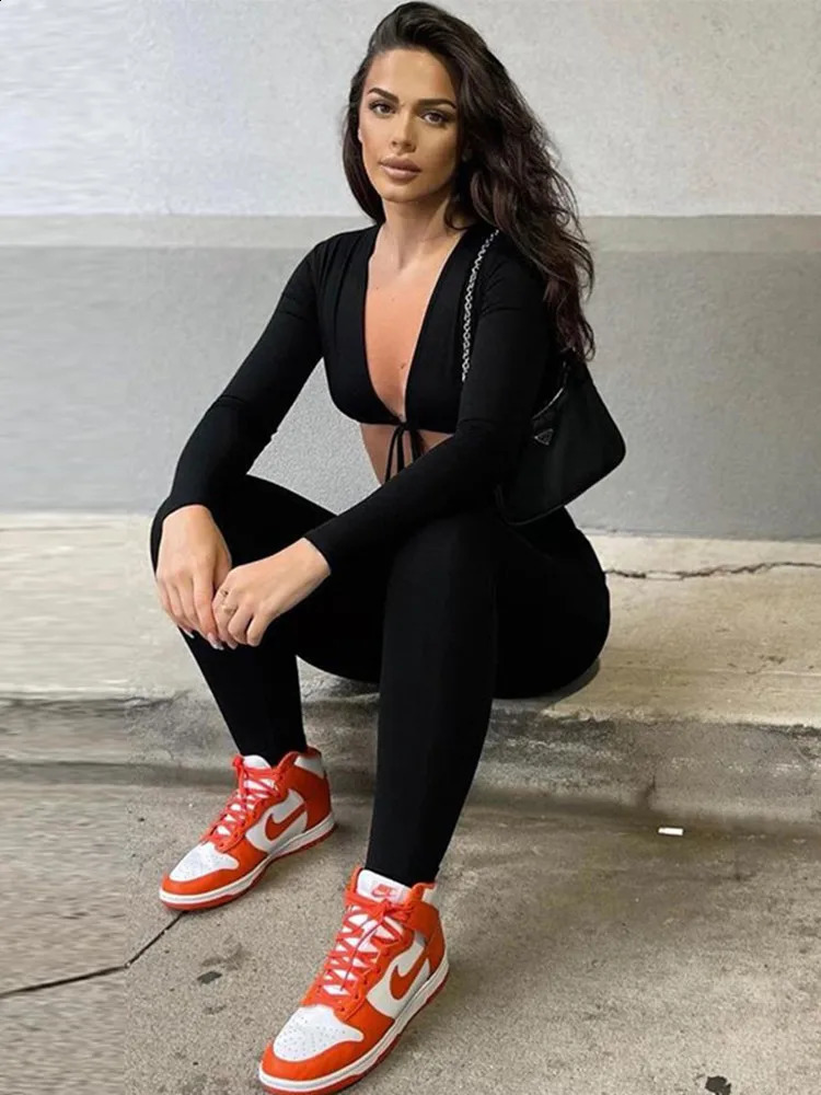 Kliou Solid Jumpsuit Drawstring Cleavage Waist Out Overall Sexy BodyShaping Hipster Midnight Club Female Clothing 240823
