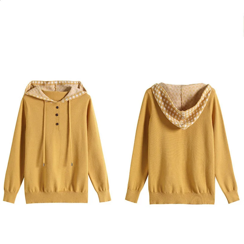 Autumn Hooded Versatile Pullover Top Drawstring Patchwork Button Long Sleeve Solid Women Casual Straight Knitted Sweater 240824