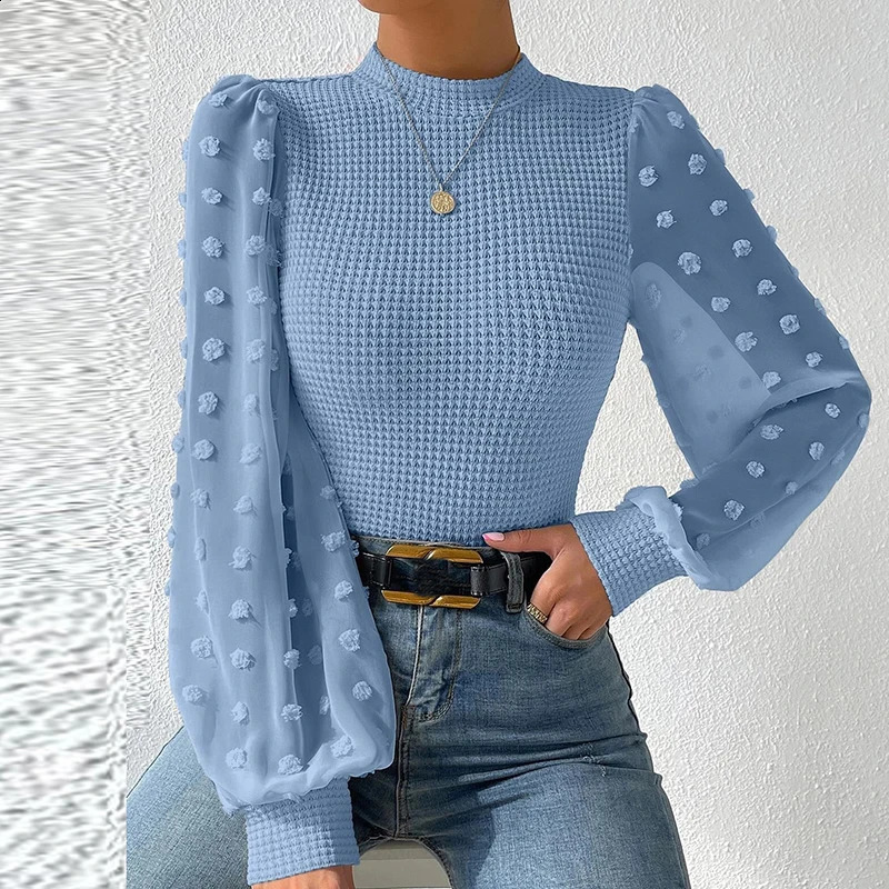 Women Solid Color Jacquard Shirts Mesh Patchwork n See Through O-Neck Puff Long Sleeve Autumn Slim Pullovers Knitted Top 240824