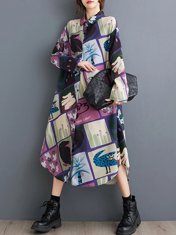 XITAO Loose Asymmetric Print Dress Simplicity Long Sleeve Casual Single Breasted Women Autumn Trend All-match Dress HJF8188 240824