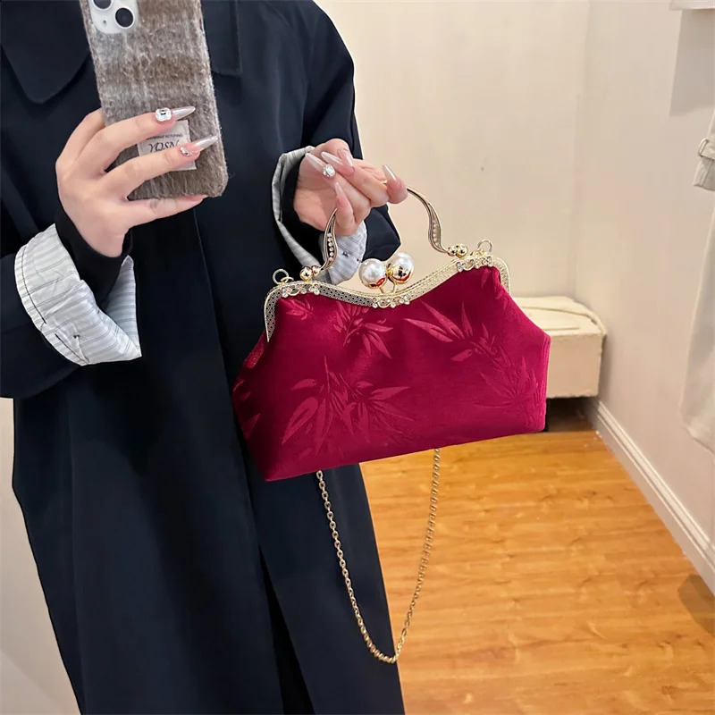 Women Western Style Embroidered Taxture Shoulder Bags Green Chain Crossbody Retro Corduroy Evening Prom Clutch 240824