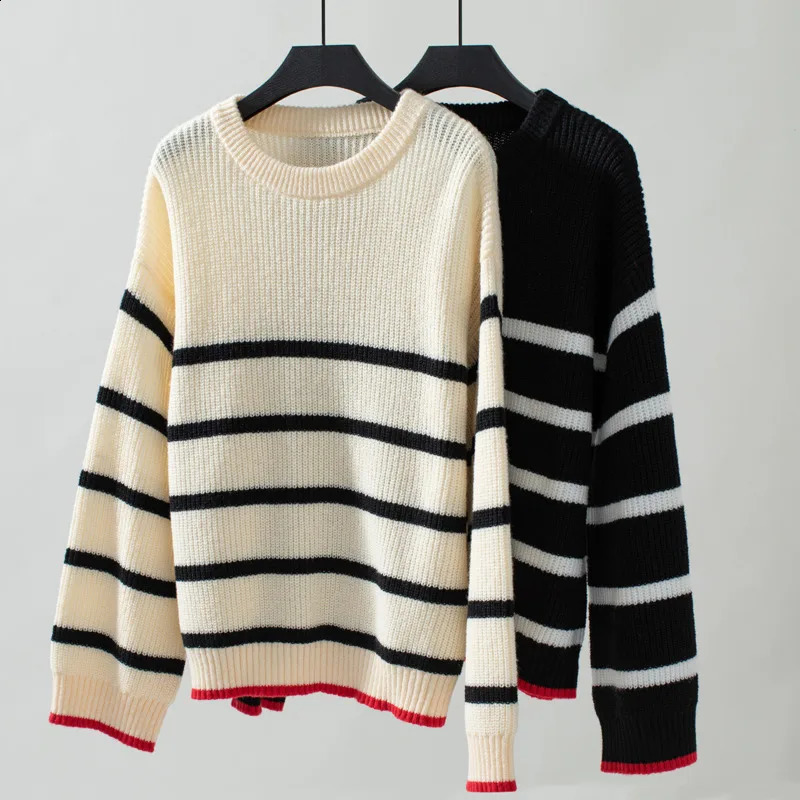 In Striped Pullovers O-neck Long Sleeve Knitted Sweater Women Autumn Winter Fashion Casual Knitwear Jumpers 240824