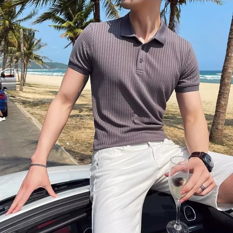 Mens Short Sleeve Slim Ice Silk Thin Style Summer Solid Color Korean Version Casual Lapel Spliced Button Polo Shirt 240824