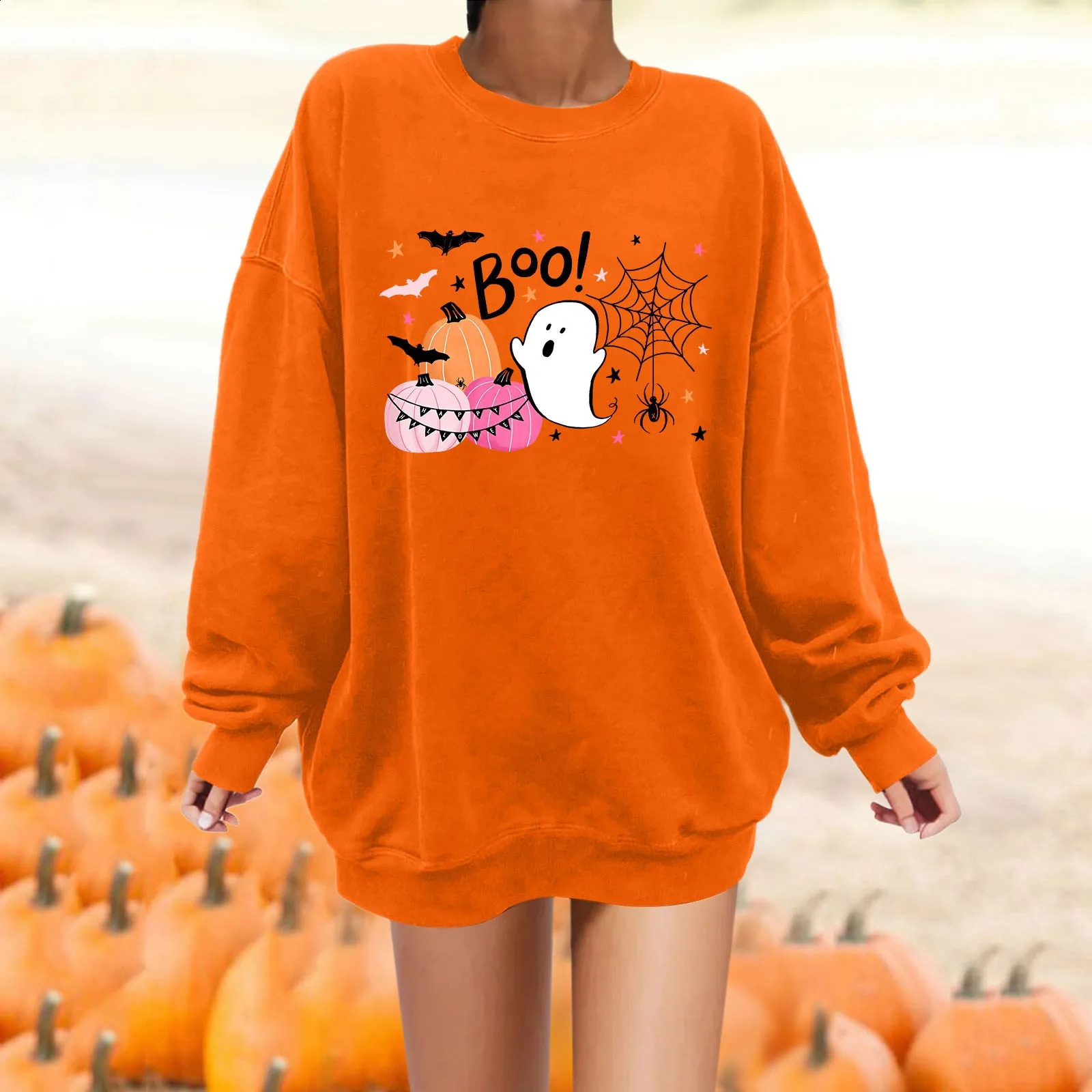 Cute Ghost Multi-Element Printed Womens Halloween Hoodie Solid Color Simple Fashion Trend Casual Hoodie Loose Warm Jumper 240824