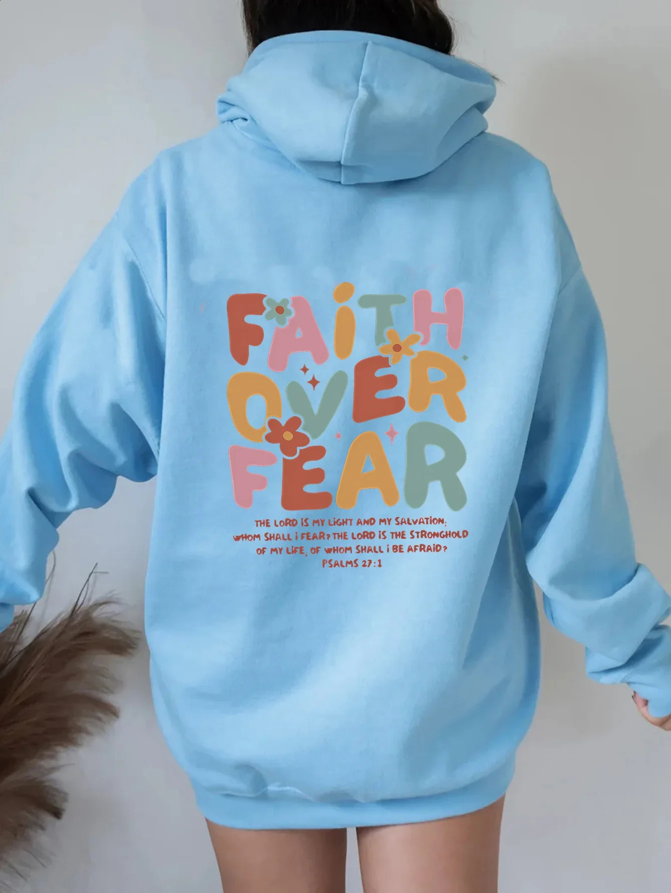 FAITH OVER FEAR style letter fashion printing hooded back collar plus velvet sweater for women 240824