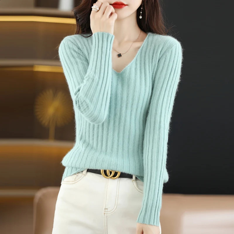 100% Mink Cashmere Womens Sweater Knitted Long Sleeve Pullover V-neck Slim Fit Undercoat Soft Fashion Womens Top 240824