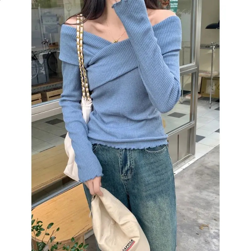 Pink Off Shoulder Long Sleeve Knitwear Pullover Women Top Spring Autumn Chic Spicy s Layered with Underlay Slim Fit Top 240824