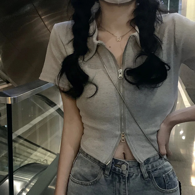 Women Knitted Zipper Short Sleeved T-shirts Lady Daily Comfortable Outside Crop Clothes Female Cutecore Collared Colorful Tops 240824
