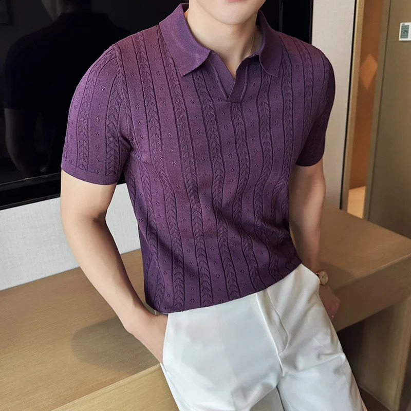 Mens Summer Knitted Breathable High Quality Polo Shirt Fashion Trend High Street Comfortable Loose Hombre Casual Long Sleeve 240824
