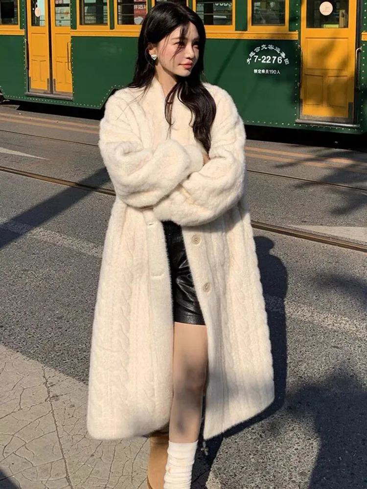 Winter Warm Artificial Mink Long Coat Womens South Korean Thick Cotton Pad Lined Jacket Single Chest Loose Rabbit Plus Abrigos 240824