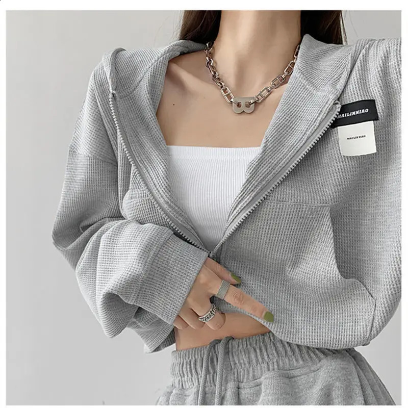 Harajuku Women Sweatshirts Korean Fashion Sportswear Female Zip Up Hoodies Vintage Streetwear Basic Casual Cropped Top Autumn 240824
