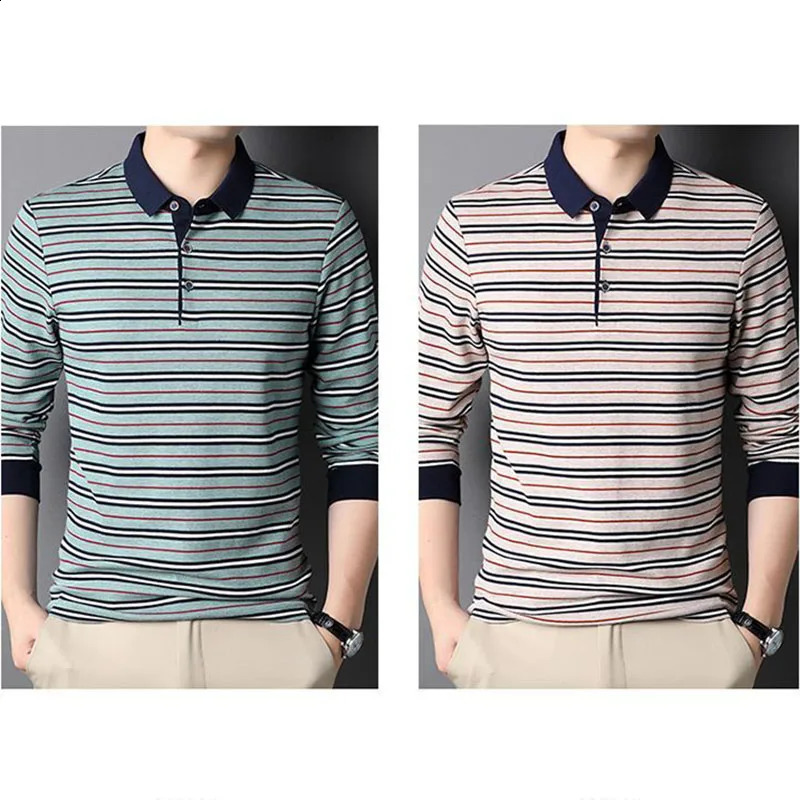 Streetwear Fashion Men Striped Polo Shirts Korean Spring Autumn Long Sleeve Basic Male Clothes Loose Business Casual Tops 240824