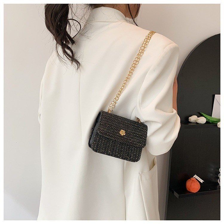 Straw woven bag woven bag lid type sewing thread shoulder bag chain small square bag