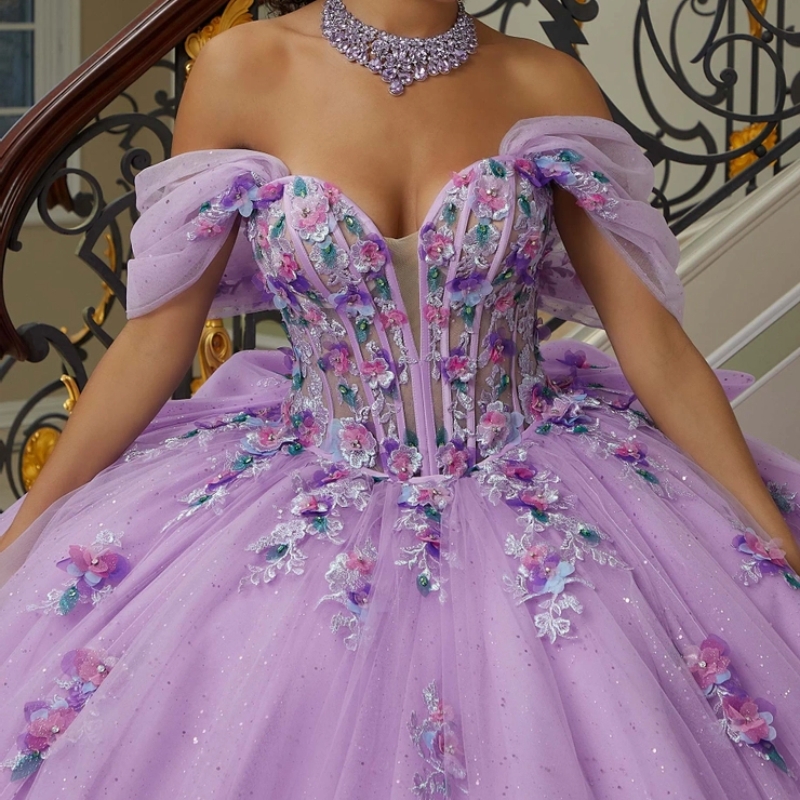 Lilac Shiny Mexican Quinceanera Dressess Off The Shoulder Applique Tull Lace Up Corset Sweet 16 Vestido 15 De Anos