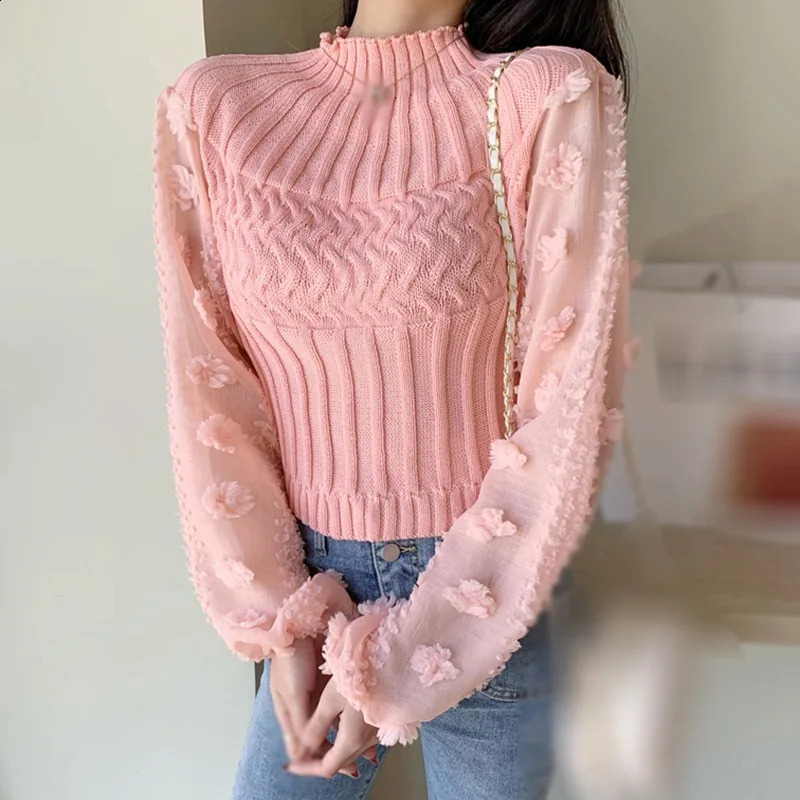 Womens Tight Sweater T-shirt Puff Sleeve Mesh Stitching Crew Neck Slim Tops Knitted Warm Pullover 240824