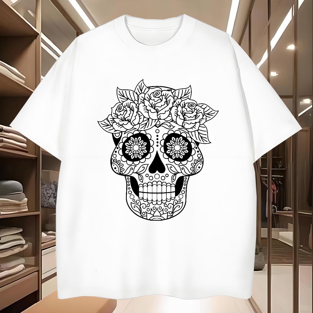 TOP Quality Mens T Shirts 230g Pure Cotton skull Street wear Hip Hop Floral Print Breathable Crew Neck Men Tees New Arrival Tee Shirt