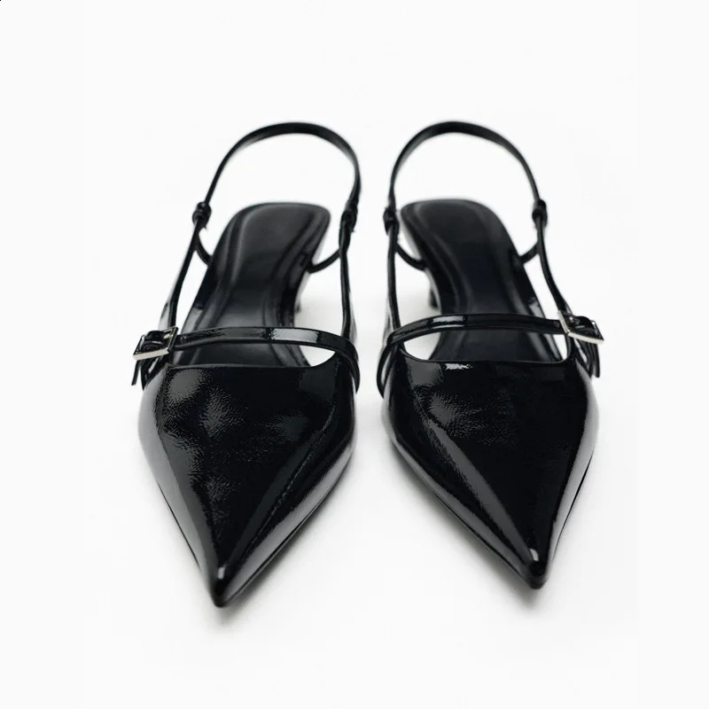 High heels womens sandals 2024 summer elegant black dot toe shallow office suspender slim high heels chic buckle womens mule shoes 240823